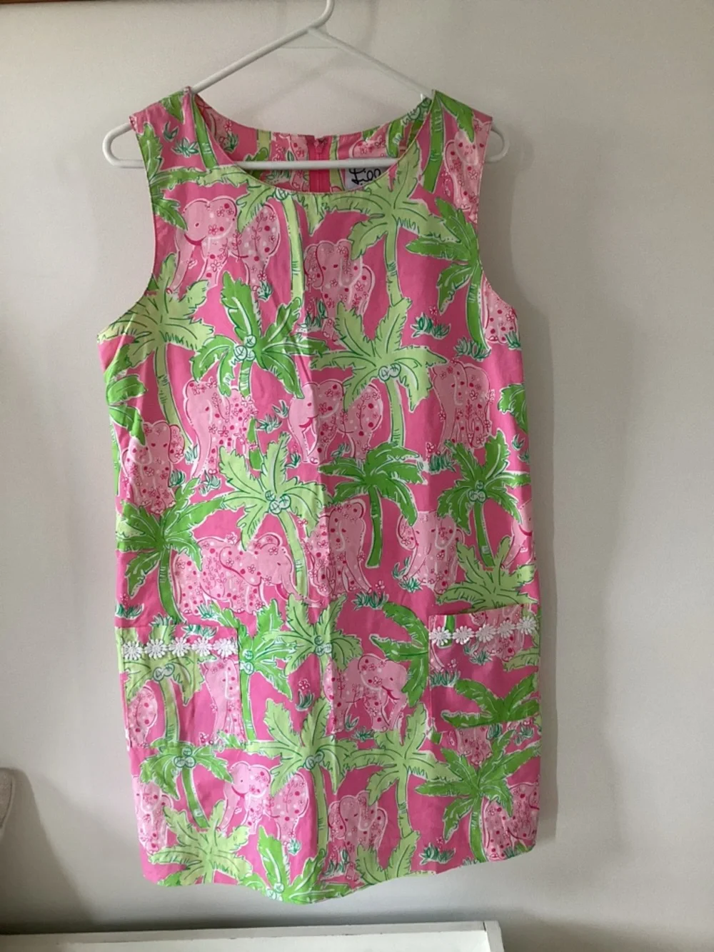 Vintage Lily Pulitzer Palm tree elephant Sleeveless Pink & Green Shift Dress. - Picture 2 of 8